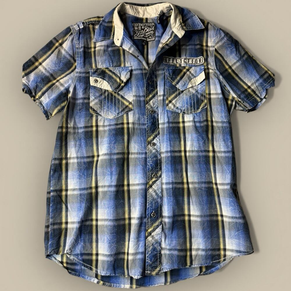 Affliction Premium Blue Plaid Short Sleeve Button Shirt Men Medium Y2K Grunge